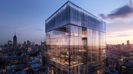 Fototapeta premium Modern glass skyscraper at sunset, city skyline view.