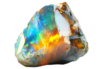 Opal gemstone isolated. A dazzling iridescent opal with vibrant blue, orange, and gold hues, reflecting light in a mesmerizing play of colors. AI generated.  .