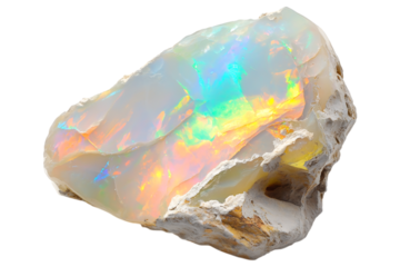 Raw opal gemstone isolated. A stunning uncut opal with an iridescent play of colors, featuring vibrant rainbow hues within its natural.