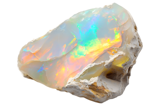 Raw opal gemstone isolated. A stunning uncut opal with an iridescent play of colors, featuring vibrant rainbow hues within its natural.