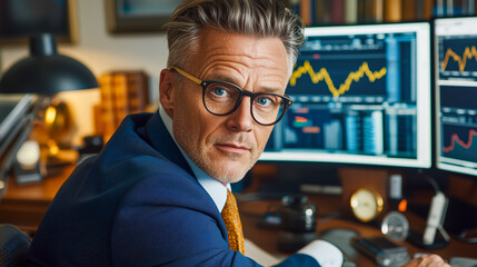 Confident Financial Advisor Analyzing Stock Market Data in Modern Office
