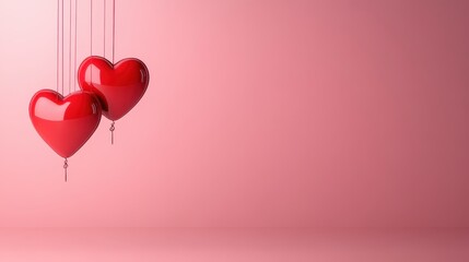 Two vibrant red hearts suspended against a soft pink backdrop, symbolizing love, affection, and the aesthetic appeal of simple yet heartfelt romantic designs.
