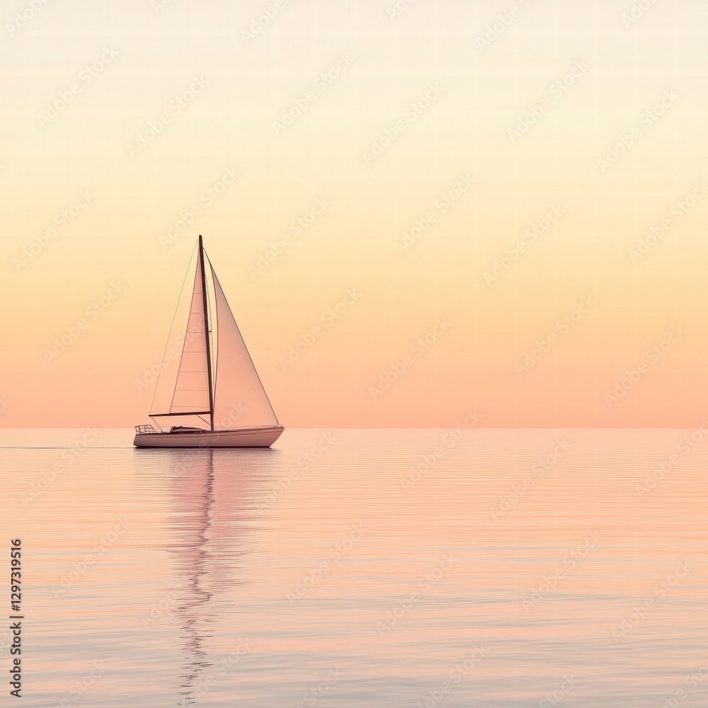 Poster Sailboat gliding on calm waters during sunset with soft pastel sky colors in a tranquil evening setting. Generative AI