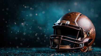 A striking leather football helmet is showcased elegantly, captured against a mystical blue background that adds depth and intrigue to its vintage appeal. - obrazy, fototapety, plakaty