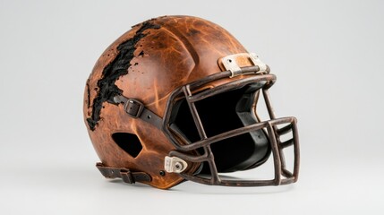 Fototapeta premium This vintage football helmet features a beautifully distressed brown leather finish, showcasing its historical significance and rugged charm for sports enthusiasts.