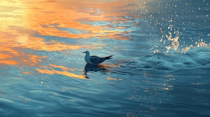 Fototapeta premium Seagull floats on calm water at sunset, reflecting vibrant colors.