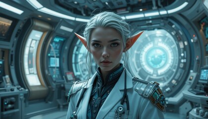 Fantasy elf medical expert in a high-tech floating clinic
