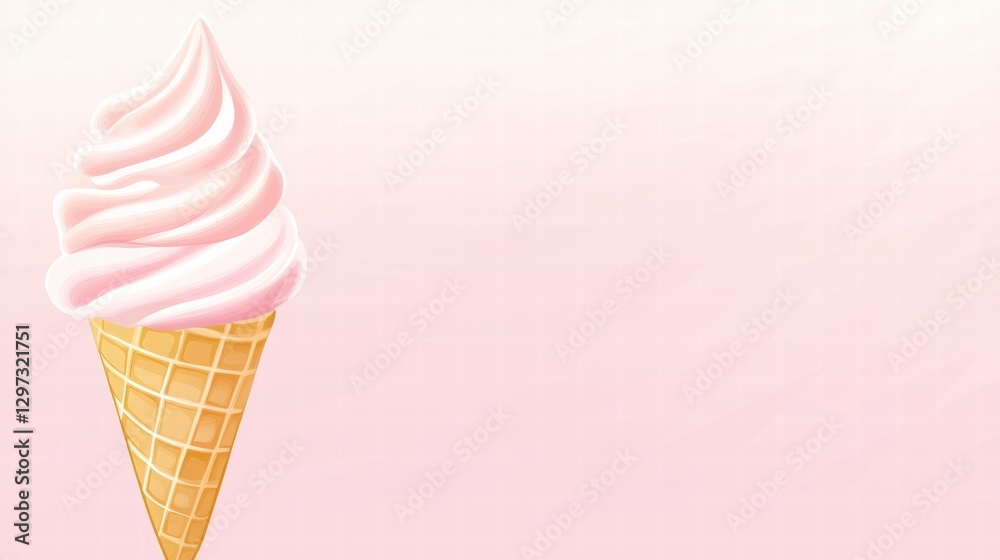 Poster soft swirl ice cream cone on pastel pink background during summer. generative ai