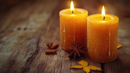 Yellow candles on wooden surface