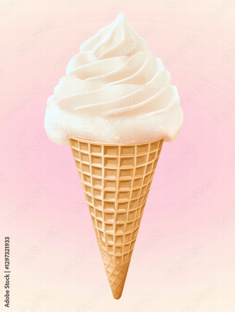 Poster Soft serve ice cream in a cone against a pastel pink background capturing the essence of summer treats and desserts. Generative AI