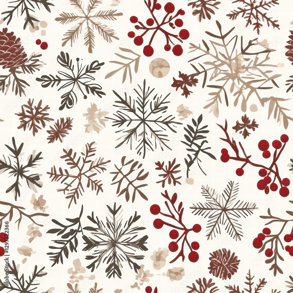 Aufkleber Winter floral and snowflake pattern featuring pine cones and berries on a cream background for holiday decor. Generative AI