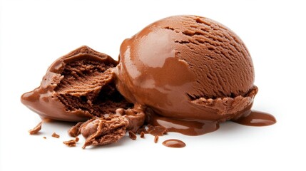 Close-up of chocolate ice cream scoop melting on white background. Generative AI