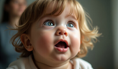 Cute baby looks surprised and curious. AI image