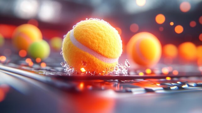 High-Speed Tennis Balls in Motion with Water Splash Effects on a Dark Background. Generative AI