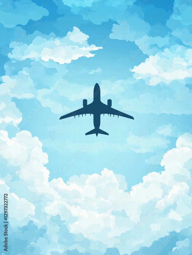 Poster flight over a blue sky with soft white clouds, capturing a serene moment of air travel and adventure