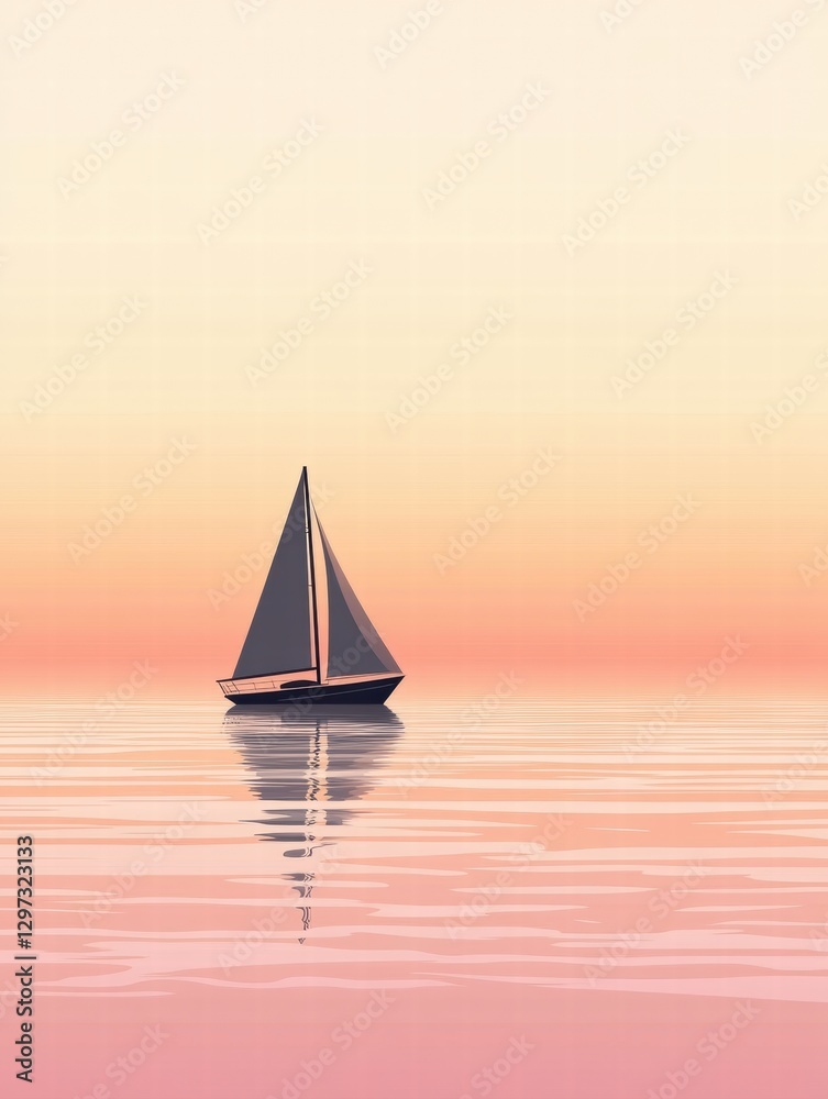 Poster sailboat gliding across calm waters at sunset with vibrant colors reflecting on the surface. generat