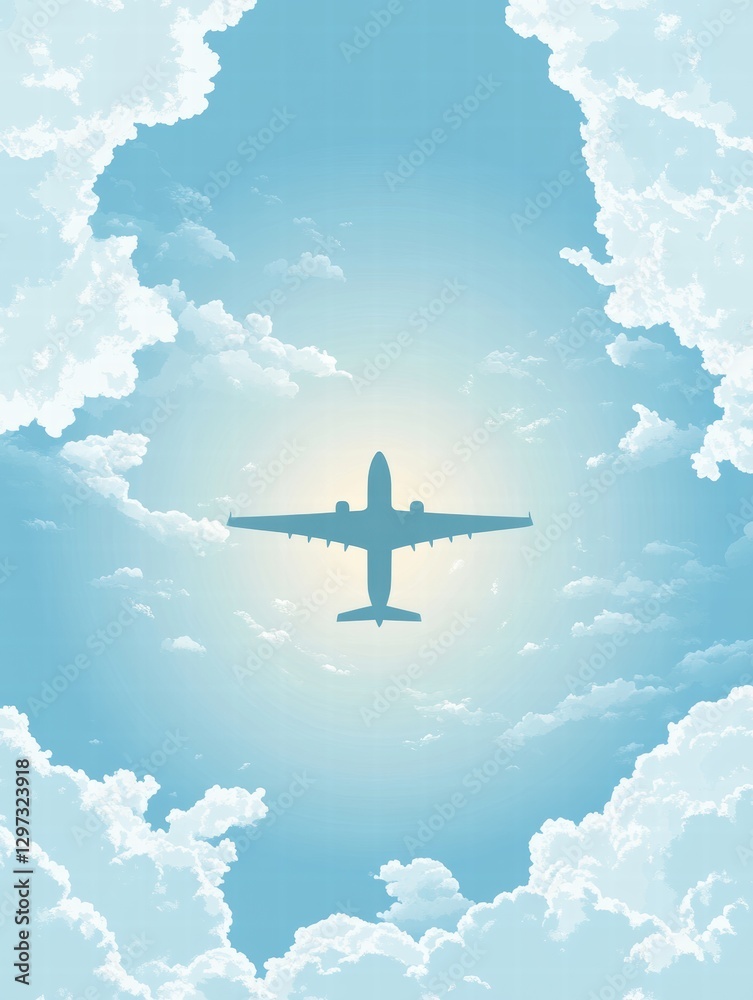 Poster airplane soaring through fluffy clouds under bright blue sky with sunlight shining from above. gener