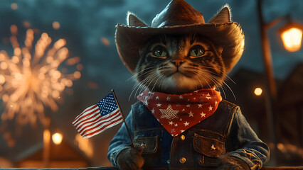 A fierce cowboy cat in a denim vest, leather hat, and red bandana, proudly holding an American flag. Fireworks light up the night sky, creating a bold patriotic atmosphere.