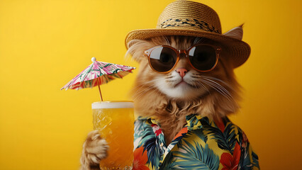 A cool beach cat lounging on a chair, wearing sunglasses and a vibrant Hawaiian outfit, holding a tropical drink. A perfect summer vacation vibe with a relaxed, fun feel.
