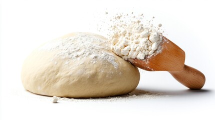 A wooden spatula spreading flour onto pizza dough on a white background. Generative AI