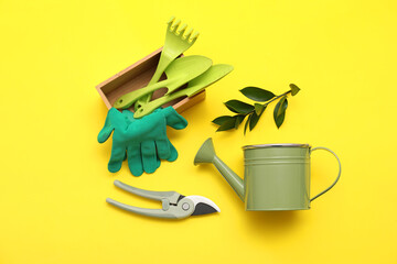 Gardening supplies with plant on yellow background. Top view