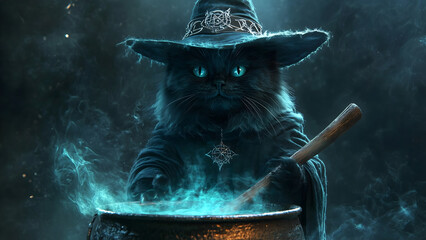 A mysterious black cat in a wizard’s hat and cloak, stirring a bubbling cauldron. Blue-green magical mist swirls around, creating an enchanting Halloween atmosphere