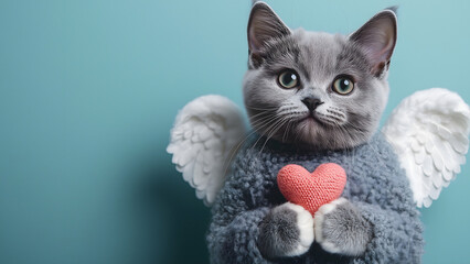 A playful gray cat dressed as Cupid with angel wings and a golden bow. Winking mischievously, ready to spread love. A romantic pink and red heart-filled background sets the mood
