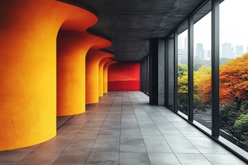 Fototapeta premium Vibrant interior design with bold columns and large windows overlooking an urban landscape