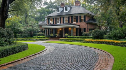 Elegant brick home with curved driveway