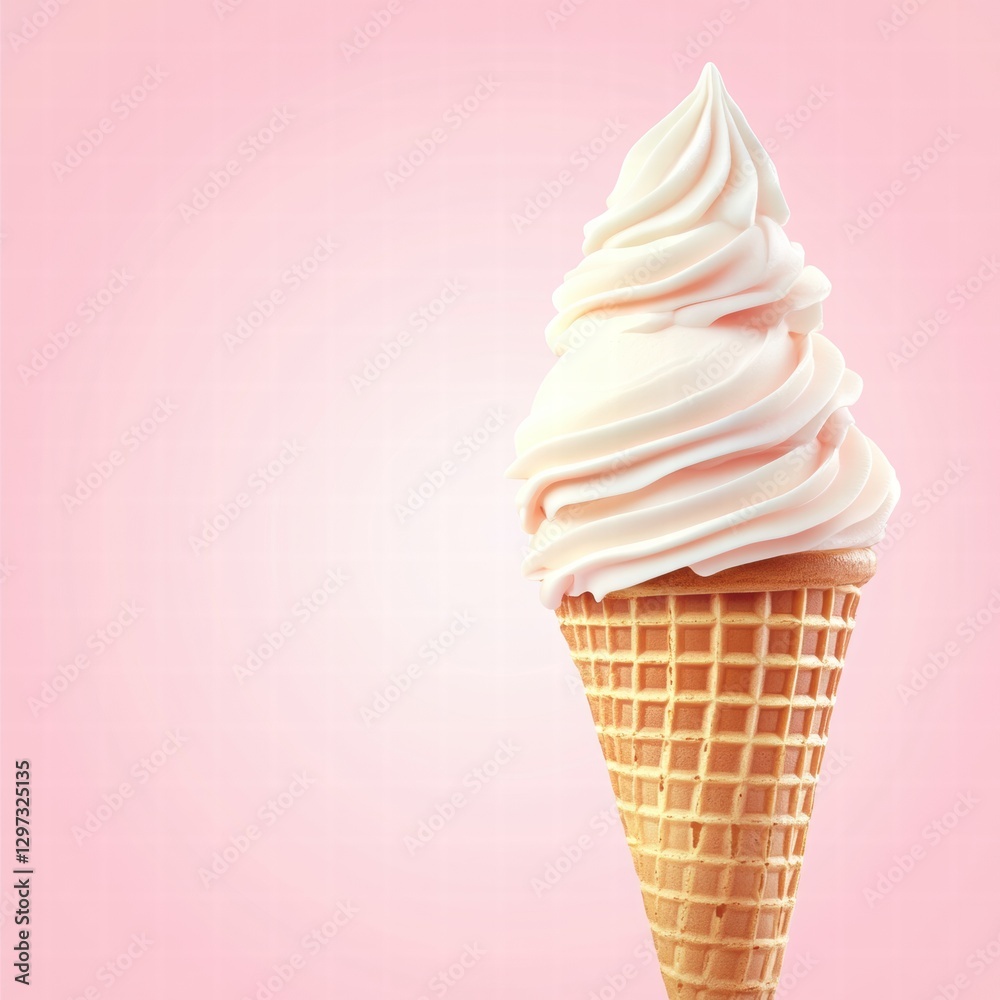 Poster Delicious soft serve ice cream cone with pink background for a refreshing treat on a warm day. Generative AI