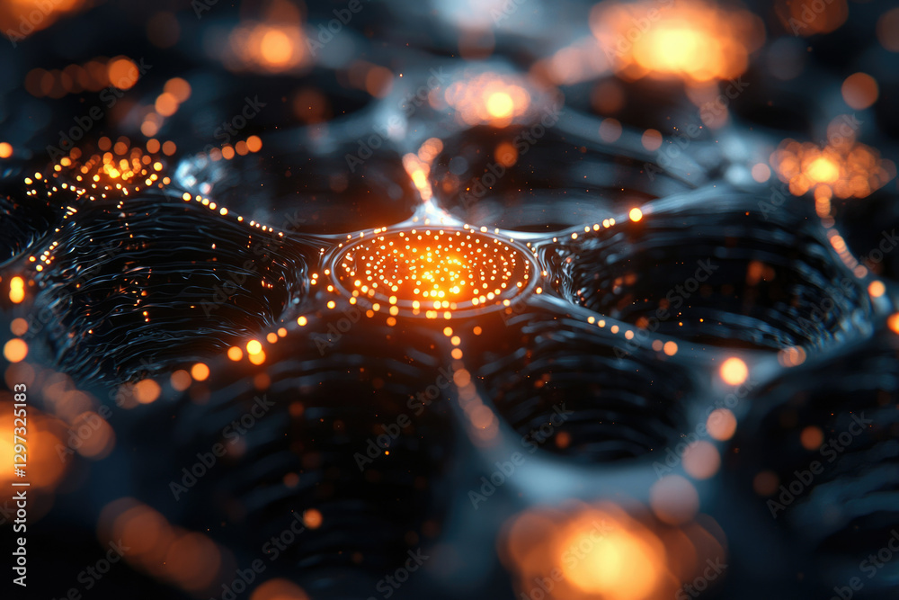 Poster abstract digital art depicting a glowing, intricate network of interconnected nodes and flowing ener