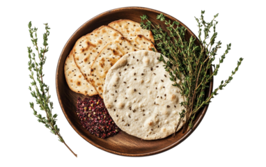 Traditional Plate of Bitter Herbs and Unleavened Bread Symbolizing Remembrance Isolated on transparent background.