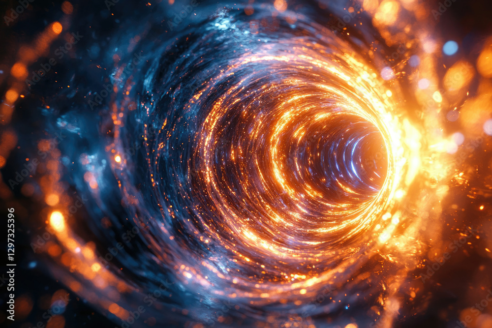 Poster a swirling vortex of fiery orange and cool blue energy, creating a mesmerizing tunnel of light and p