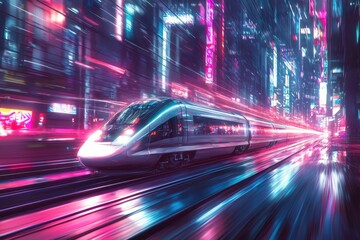 Fototapeta premium Futuristic high-speed train racing through a neon-lit cyberpunk city at night