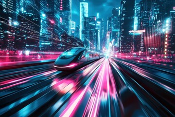 Fototapeta premium Blurred motion of a sleek futuristic bullet train moving through a cyber city