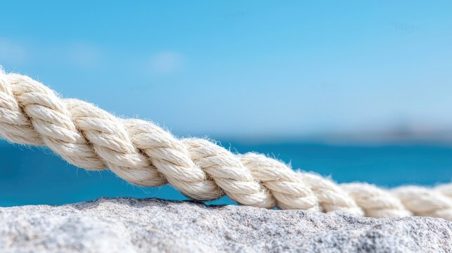 White rope on stone, sea background, sunny day, nautical theme
