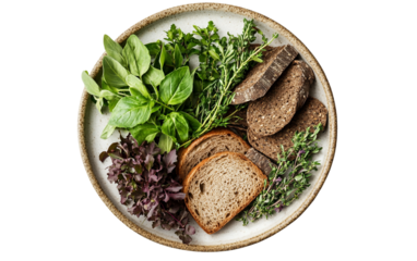 Unleavened Bread and Bitter Herbs Plate Used in Sacred Passover Rituals Isolated on transparent background.