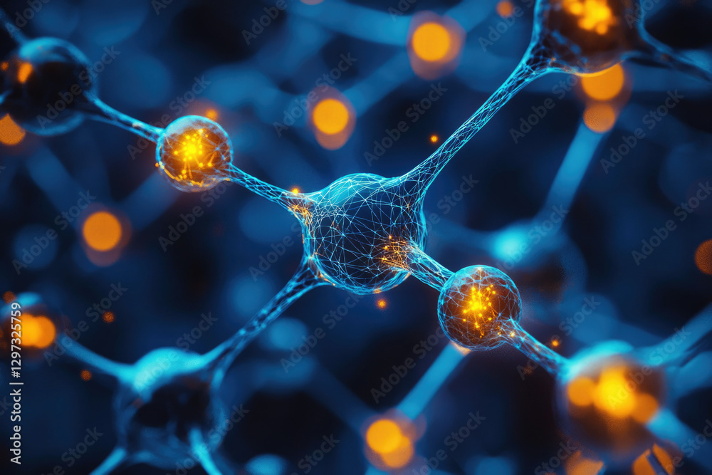Poster Microscopic view of interconnected nodes, resembling a complex neural network or molecular structure.