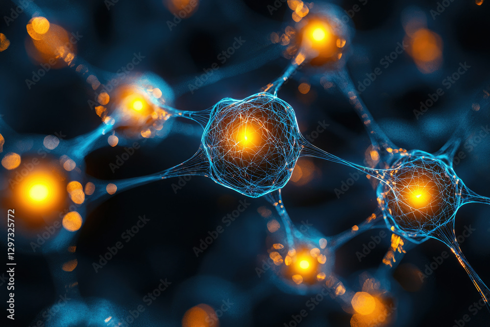 Poster Microscopic view of interconnected neurons, showcasing intricate neural network and synaptic connections.