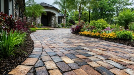 Fototapeta premium Elegant brick walkway leading to a luxury home
