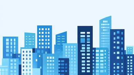 Abstract city skyline, minimalist illustration, light blue and dark buildings, graphic design element, background