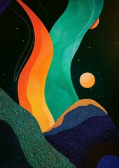 Abstract cosmic landscape with vibrant colors and surreal planets in night sky