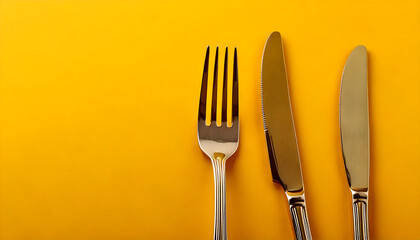 Luxury Golden Cutlery on Vibrant Yellow Background
