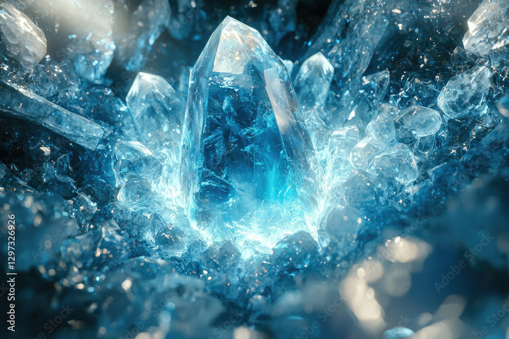 Poster a mesmerizing cluster of luminous blue crystals, glowing intensely from within a dark cavern.