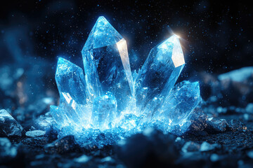 Luminous blue crystals cluster together, glowing intensely in a dark, mysterious environment.
