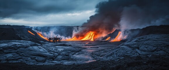 Molten lava flows across dark volcanic landscape.