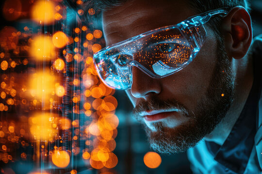A focused programmer intently works on complex code, illuminated by vibrant digital displays.