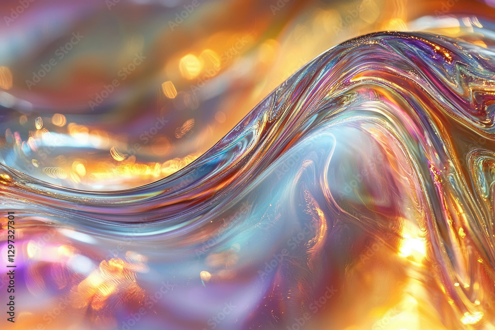 Poster abstract iridescent waves with warm, golden light bokeh, creating a dreamy, flowing texture.