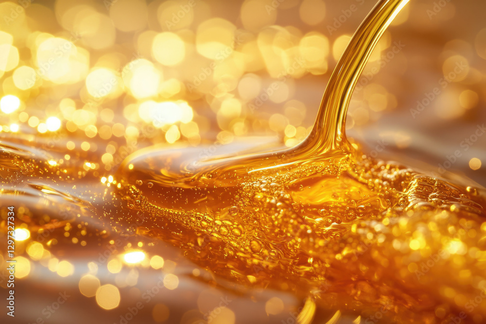 Poster golden liquid pouring, creating ripples and bubbles against a bokeh background.