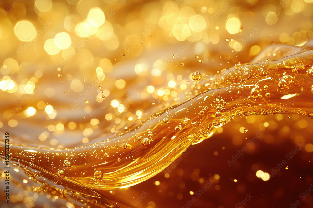 Poster golden liquid flowing with bubbles and bokeh lights, creating a luxurious and vibrant image.